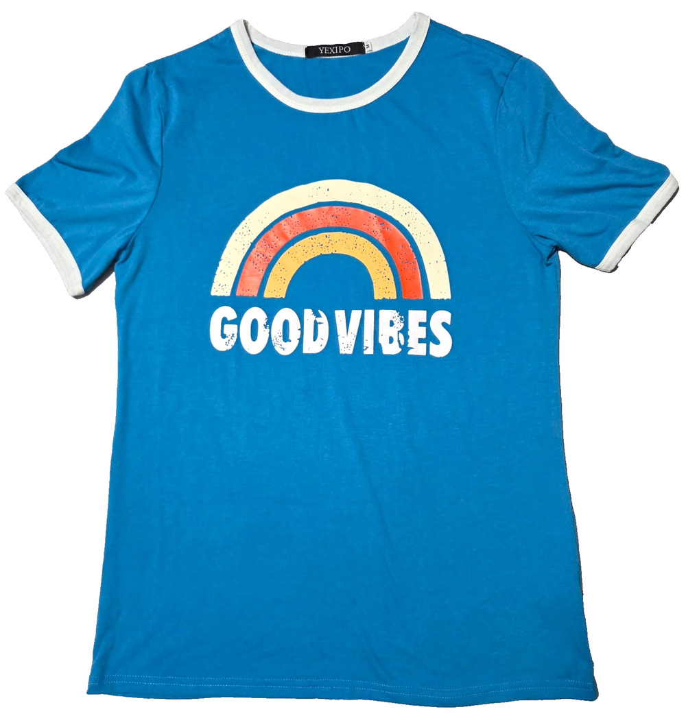 YEXIPO Good Vibes Rainbow Ringer T-Shirt Blue Size M Retro 70s Style Graphic Tee